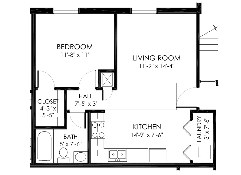 Floor plan for 1 bed, 1 bath, 576 sqft